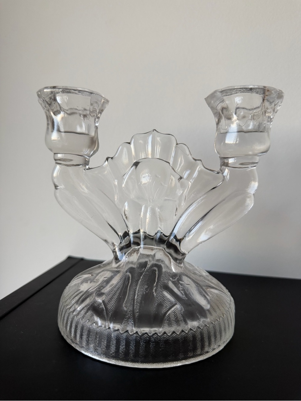 Vintage Jeannette Iris and Herringbone Clear Crystal Double Candlestick